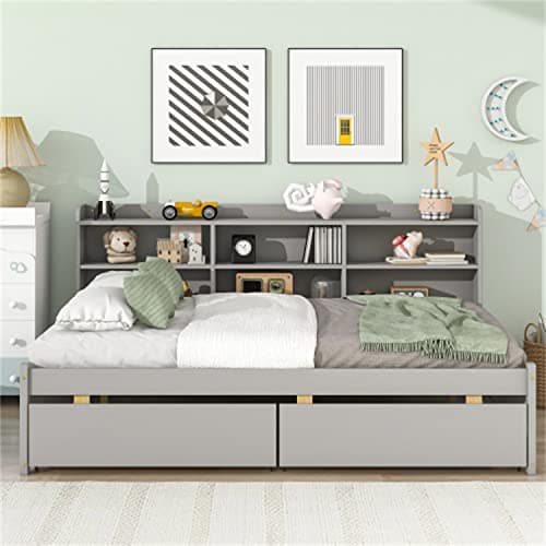 Full Size Gray Solid Wood Bed with Side Bookcases & Storage Drawers