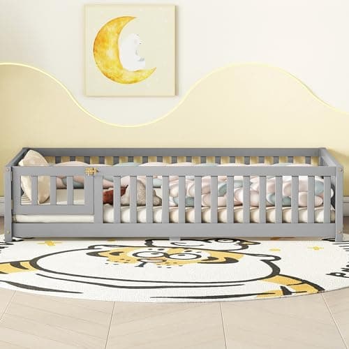 Montessori Twin Bed with Safety Guards and Convertible Door (Grey)