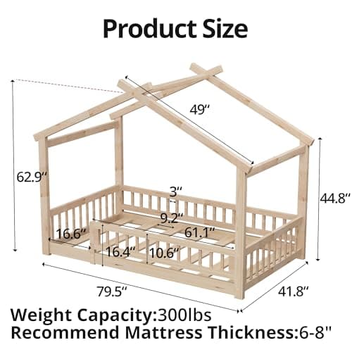 Twin Size Wooden Montessori Bed with Guardrails & Roof, No Box Spring Needed,Natural
