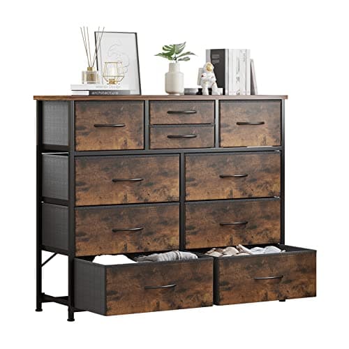 LUMTOK 10-Drawer Fabric Dresser, Steel Frame, Wood Top (Grey)