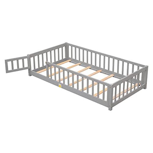 Grey Twin Size Montessori Bed Frame with Fence & Door, Easy Assemble
