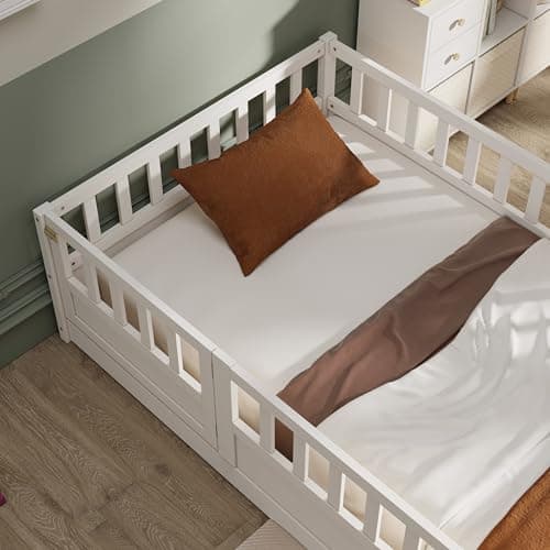 KEIKI Twin Montessori Floor Bed with Fence & Door, White