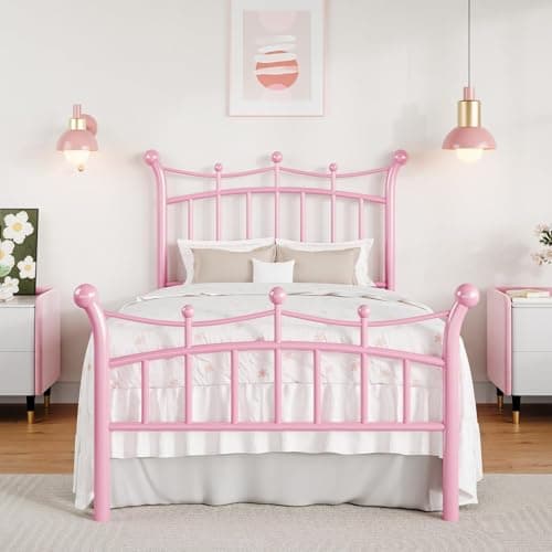 Hombck White Metal Twin Bed Frame with Crown Headboard
