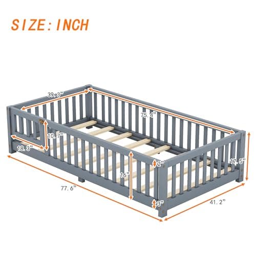 Montessori Twin Bed with Safety Guards and Convertible Door (Grey)