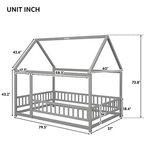 Solid Wood Platform Bed for Boys and Girls with Guardrails and Door Playhouse, Gray