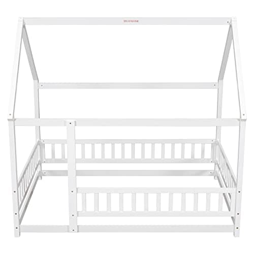 Montessori Floor Bed Frame with Roof & Fence, White, No Box Spring Needed