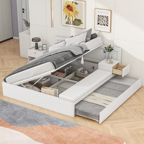 Beige Velvet Upholstered Queen Bed with Desk & Stool, No Box Spring Required