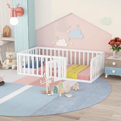 Montessori Floor Bed for Children Boys and Girls, White Wood Frame with Fence and Door