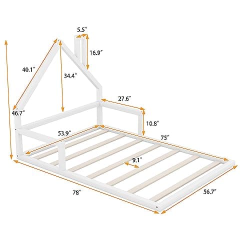 i-POOK White Wood Floor Bed with House-Shaped Headboard