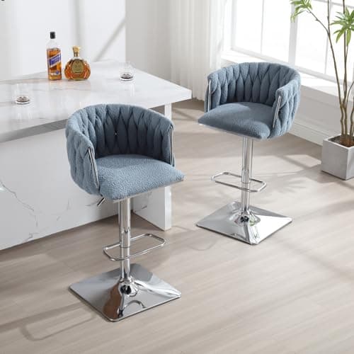 Adjustable Boucle Swivel Bar Stools Set of 2 with Hand Woven Back and Silver Footrest, for Kitchen Island and Dining Room