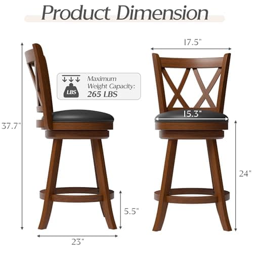 MU Counter Height Barstools, Espresso X-Back Swivel Chairs, Set of 2