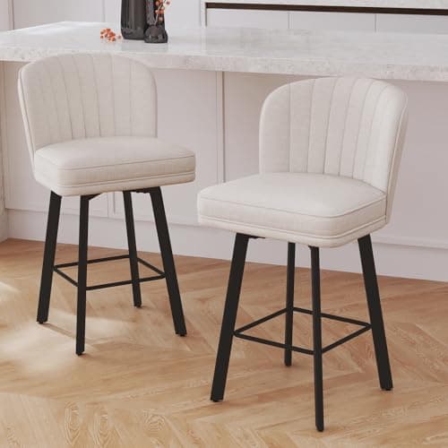 2-Piece Beige Fabric Bar Stool Set, Modern Swivel Bar Chairs