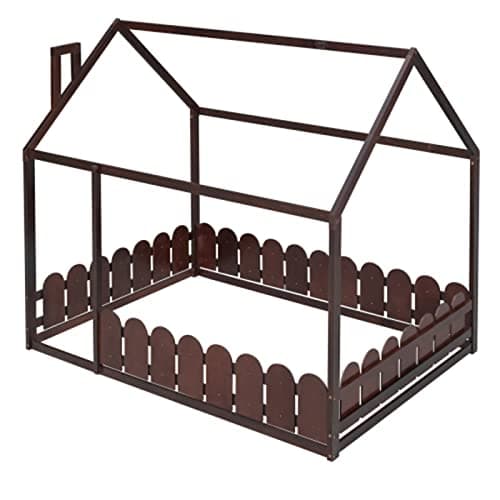Wood House Bed Frame with Fence & Roof for Kids and Teens, Full Size Floor Bed with Guardrail, Espresso