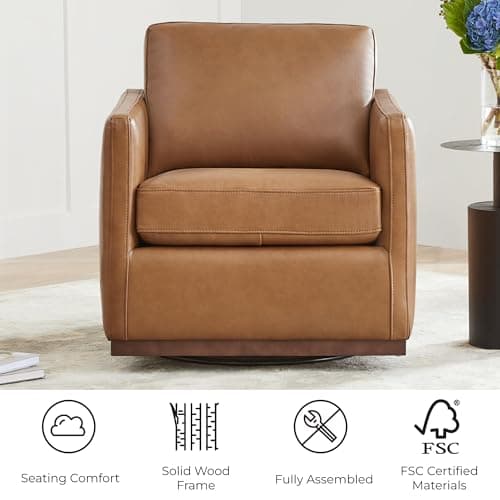 CHITA FSC Certified Mid Century Modern Genuine Leather Swivel Chair, Saddle Seat