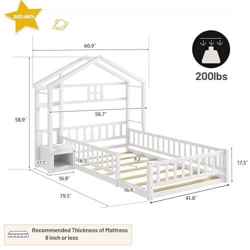 Montessori Wood Twin House Bed with Fence Guardrails & Stand, White