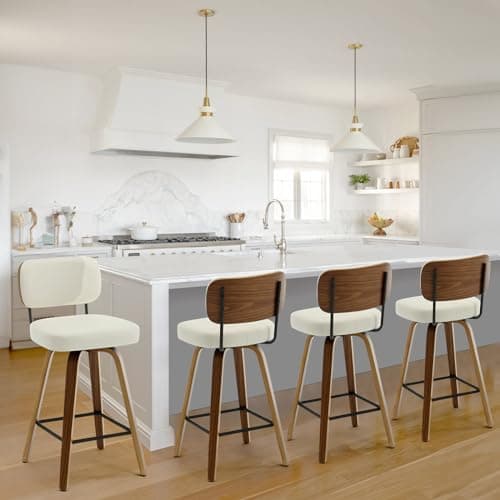 Mid Century Modern 4-Piece Swivel Bar Stool Set, 26" Faux Leather Cream White