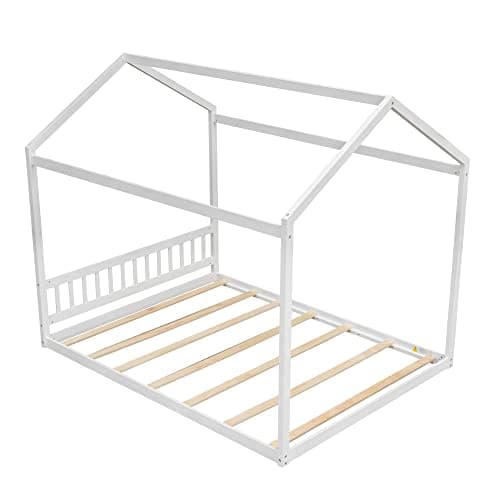 LUSPAZ Queen Size Wood House-Shaped Floor Bed Frame for Toddlers and Babies, Modern Montessori Design, No Box Spring Needed, White