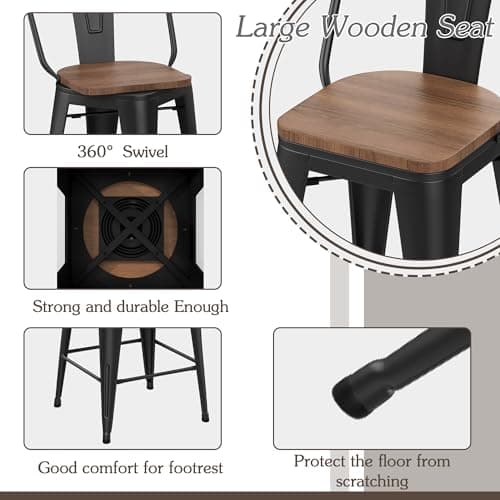 Alunaune 26" Swivel Metal Bar Stool Set, Matte Black, Industrial Style
