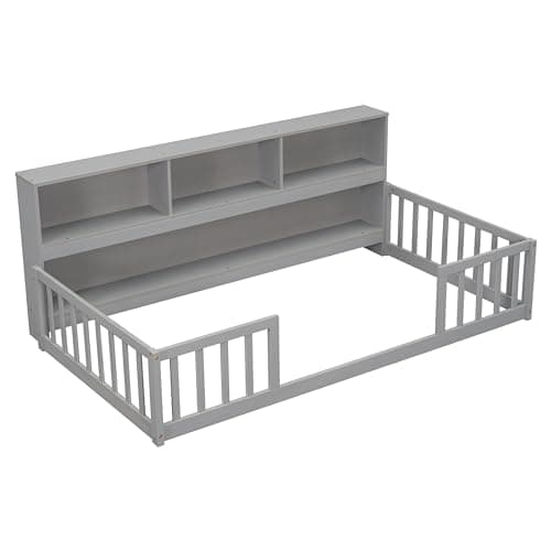 Grey Twin Montessori Floor Bed with Bookcase & Safety Guardrails