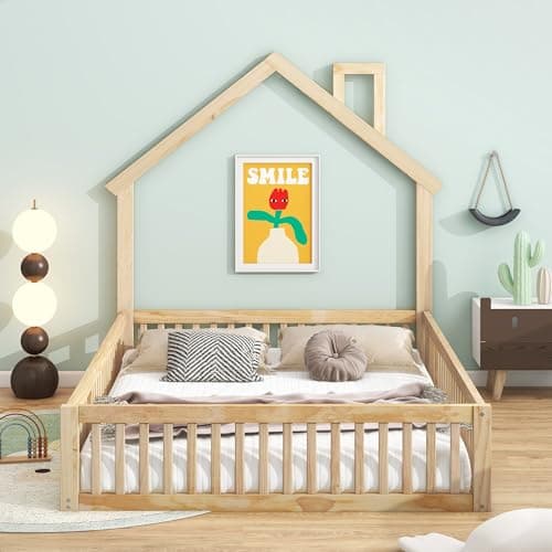 LUSPAZ Beige Queen Size Floor Bed with Shell Headboard and Vertical Seams