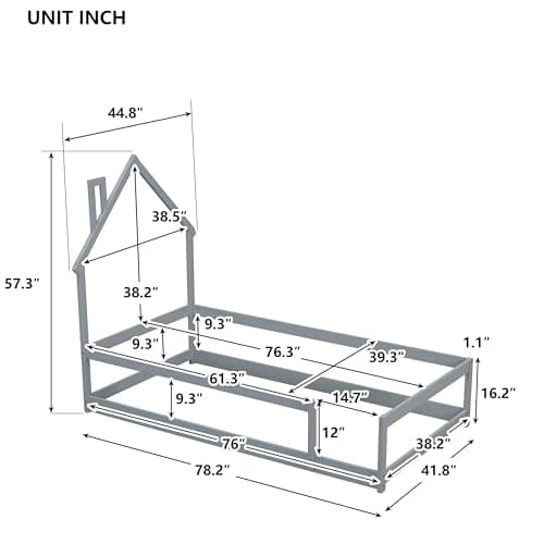 Montessori Twin Floor Bed with Roof & Guardrails, Easy Assembly, Grey