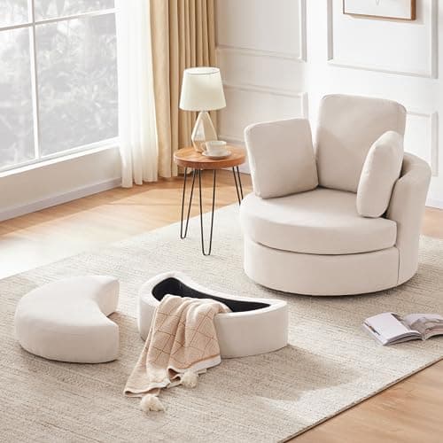 Grey Swivel Barrel Chair with Removable Headrest, Chaise Lounge, Oversized Living Room Chair