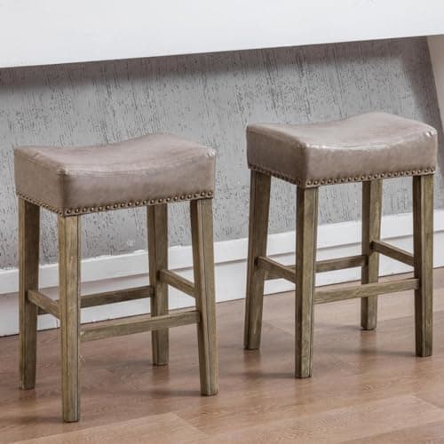 Set of 2 Counter Height Bar Stools, Solid Wood Legs, Faux Leather Cushion, Gray