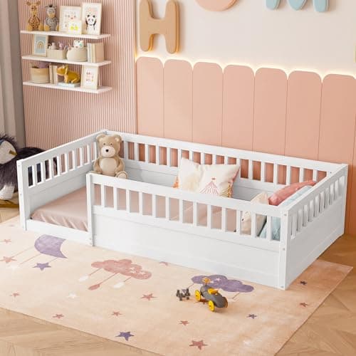 Wood Montessori Twin Floor Bed with Rails for Kids, Boys, Girls