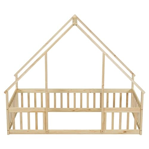 Twin Size Montessori Floor Bed with Fence, Natural Solid Wood Frame