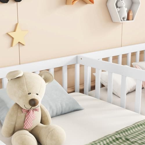 i-POOK Double Twin Bed Frames for 2 Kids, White Wooden Floor Beds