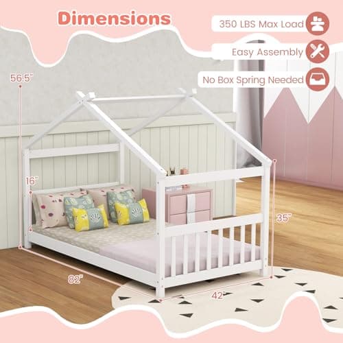 KOMFOTT Twin Wood House Bed for Kids, White, No Box Spring Needed