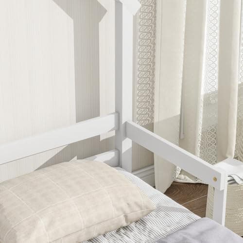 i-POOK Kids Wooden Montessori Floor Bed with House-Shaped Headboard and Handrails, White