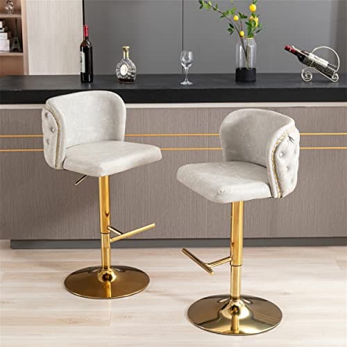 Adjustable Swivel Bar Stools Set of 2, PU Leather Upholstered Bar Chairs, Beige
