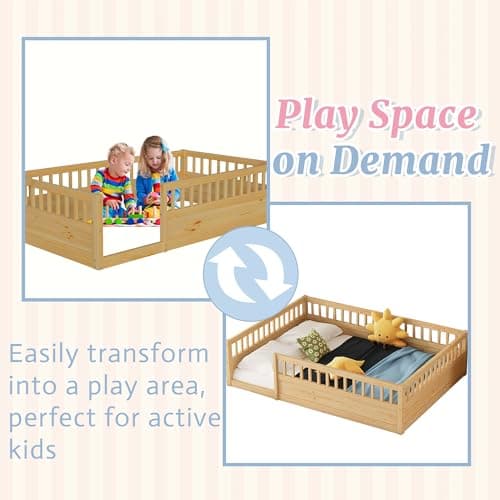 Montessori Full Size Floor Bed with High Rails for Kids, Natural Wood