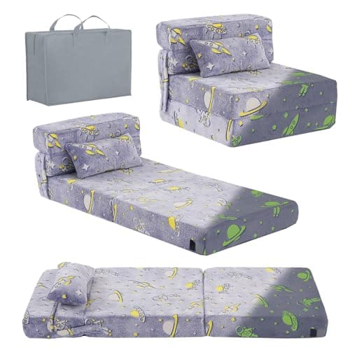 Tiita Kids Foldable Futon Bed Mattress Sofa with Storage Bag, Plush Grey