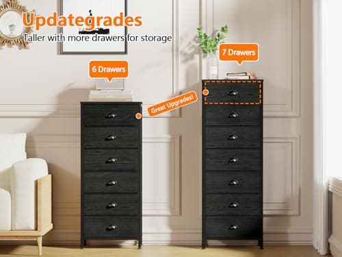 Furnulem 6 & 7 Drawer Dresser, Tall Black Storage Tower with Fabric Bins