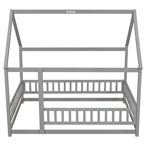 Solid Wood Platform Bed for Boys and Girls with Guardrails and Door Playhouse, Gray