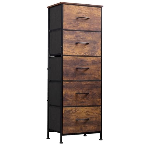 WLIVE 5-Drawer Fabric Dresser with Wood Top - Tall Storage Organizer for Bedroom, Closet, or Hallway in Dark Grey