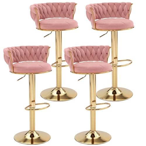 VECELO Pink Velvet Bar Stool Set, 4-Piece Gold Leg Counter Height Swivel