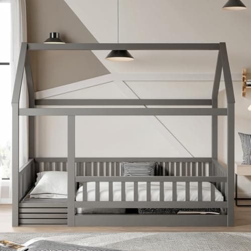 Gray Twin Montessori Floor Bed with Roof & Fence, Easy Assemble No Box Spring Needed
