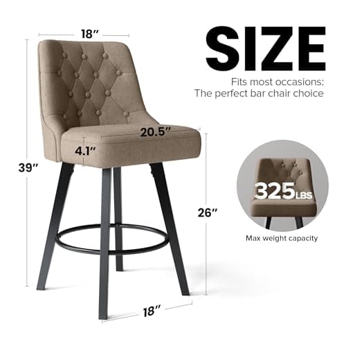 Retro Upholstered Swivel Bar Stools, 26" H, Tan Linen, 360 Rotation, Kitchen Island Chairs