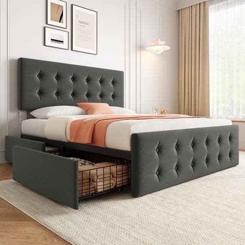 IDEALHOUSE Queen Size Linen Upholstered Bed Frame with 4 Drawers & Headboard, Dark Grey