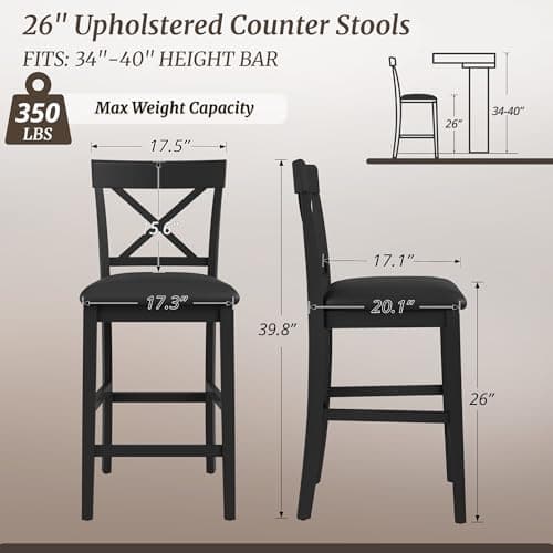 26" Rubber Wood Bar Stools, Set of 4, Black Classical X-Back
