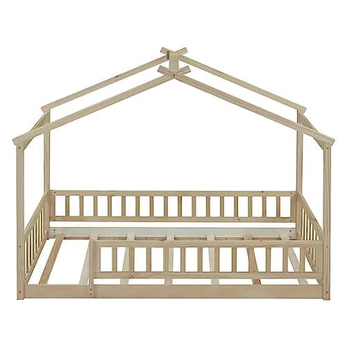 i-POOK Twin Size Montessori Bed Playhouse with Fence and Roof for Kids