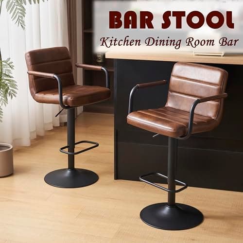 Yellowish Brown PU Leather Bar Stools Set of 2, Adjustable Height Swivel Chairs