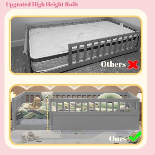 Montessori Twin Bed with High Railings for Kids, Gray
