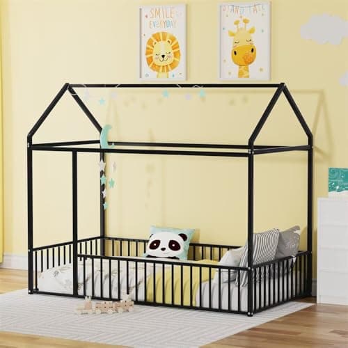 LLS Wooden Twin Bed with Roof & Fence, Gray for Boys & Girls