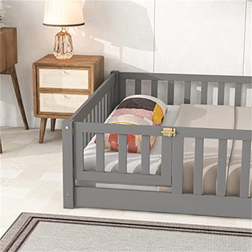 Full Size Montessori Floor Bed with Fence & Door for Children, Gray