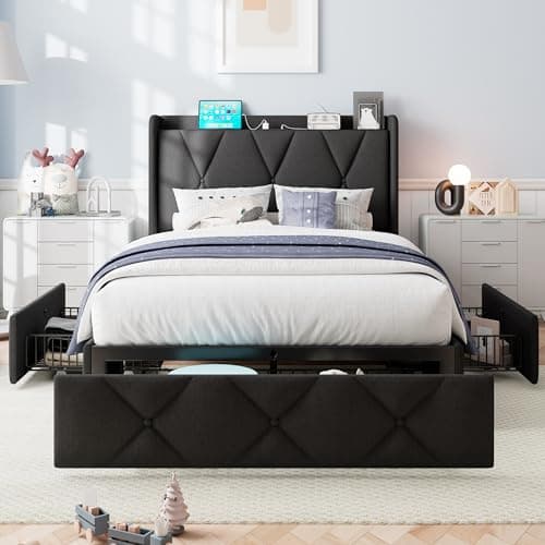 iPormis Dark Grey Queen Bed Frame with Storage & Charging Station