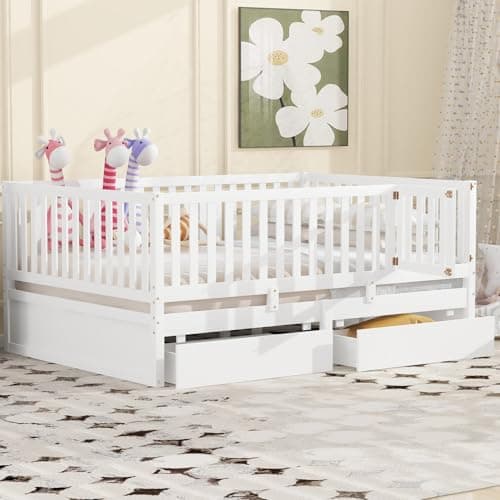 i-POOK Full Size White Wooden Daybed with Drawers & Fence Guardrails